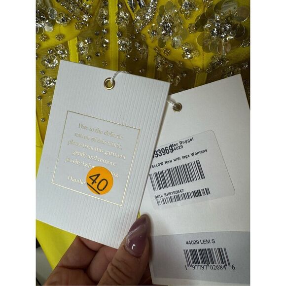 NWT MAC DUGGAL Yellow Spaghetti Strap Beaded Sheer Bodice Gown with Slit Size Sm - Picture 16 of 16